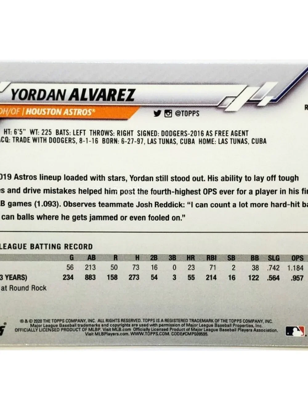 YORDAN ALVAREZ ROOKIE PINK REFRACTOR 2020 TOPPS CHROME #200, HOUSTON ASTROS